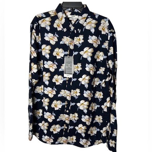 Jack & Jones XL  blue yellow floral cotton linen blend men dress shirt NWT! - Picture 1 of 16